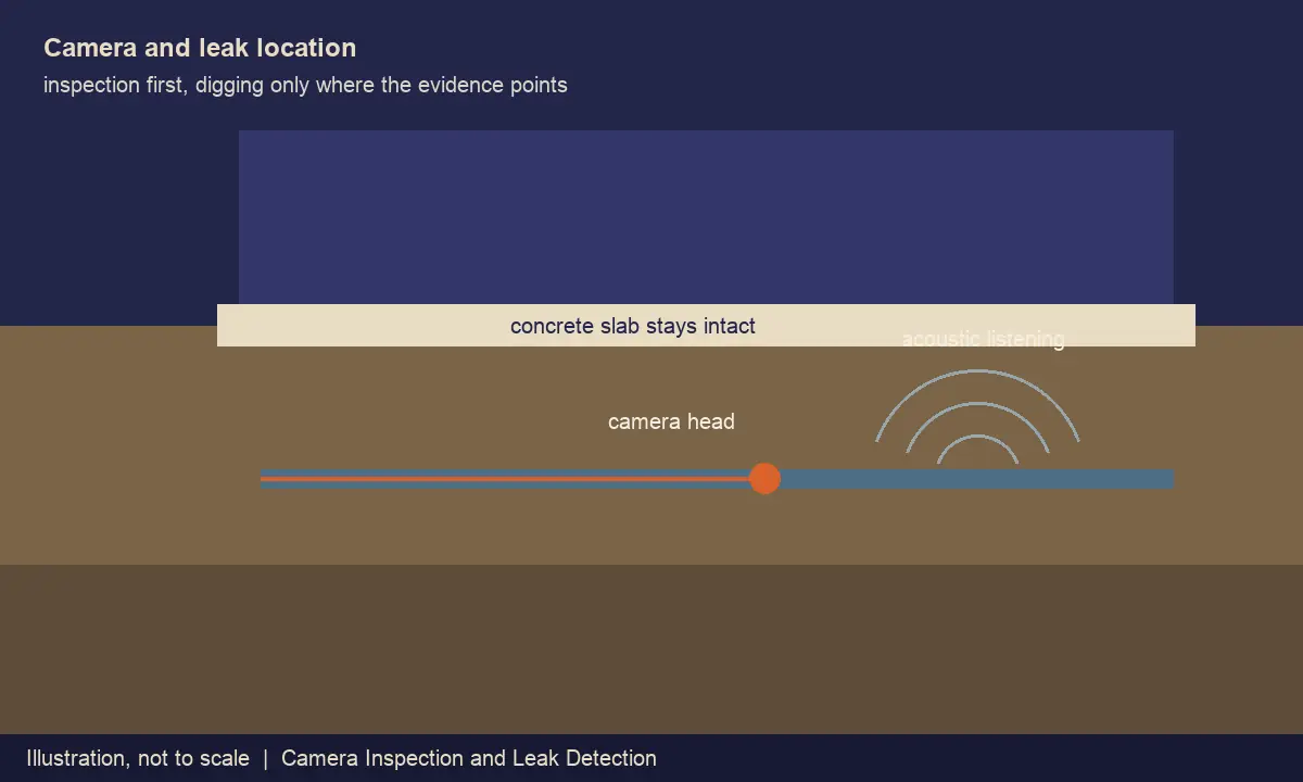 Illustration of camera inspection and leak detection under a Henderson slab foundation